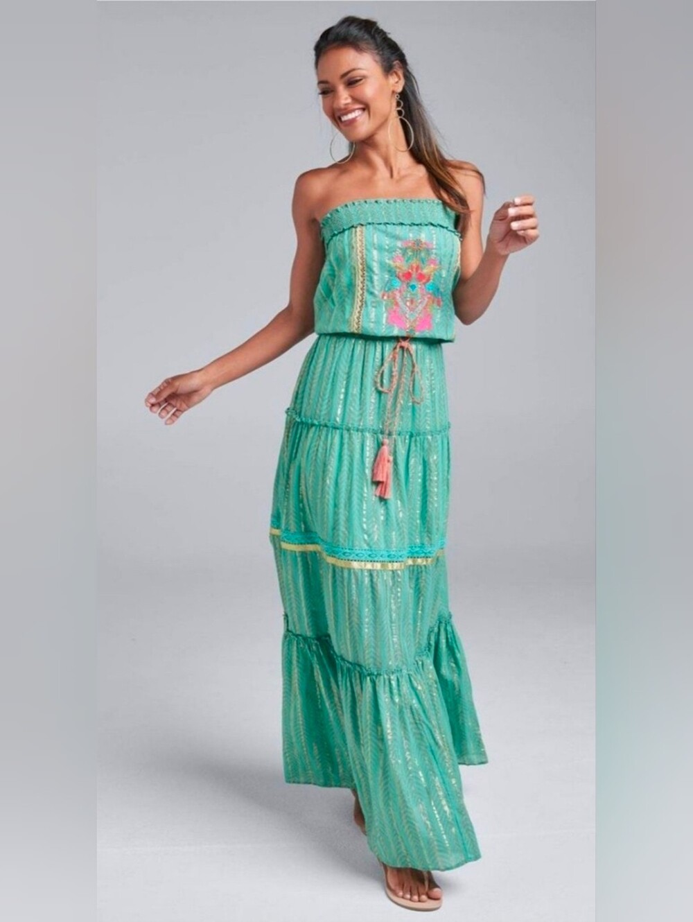 Venus Strapless Teal & Metalic Embroidered Lace Tassle Boho Maxi Dress-Small